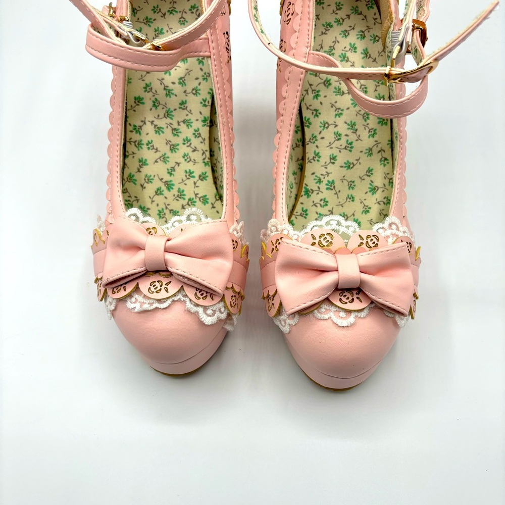 Bow Lace Princess Lolita Shoes Womens Chunky High Heels Ankle Strap Pumps Size 8 - Picture 10 of 12